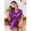 Ekouaer Satin Pajama Set for Women 2 Piece Pj Sets Short Sleeve Sleepwear | Super Soft Silky Summer Loungewear Set with Ruffle Short Sleeve Top and Pocket Shorts, Casual Travel Daily Gift(Purple)