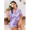Ekouaer Satin Pajama Set for Women 2 Piece Pj Sets Short Sleeve Sleepwear | Super Soft Silky Summer Loungewear Set with Ruffle Short Sleeve Top and Pocket Shorts, Casual Travel Daily Gift(Lavender)