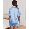 Ekouaer Satin Pajama Set for Women 2 Piece Pj Sets Short Sleeve Sleepwear | Super Soft Silky Summer Loungewear Set with Ruffle Short Sleeve Top and Pocket Shorts, Casual Travel Daily Gift(Light Blue)