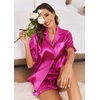 Ekouaer Satin Pajama Set for Women 2 Piece Pj Sets Short Sleeve Sleepwear | Super Soft Silky Summer Loungewear Set with Ruffle Short Sleeve Top and Pocket Shorts, Casual Travel Daily Gift(Rose Red)