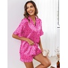 Ekouaer Satin Pajama Set for Women 2 Piece Pj Sets Short Sleeve Sleepwear | Super Soft Silky Summer Loungewear Set with Ruffle Short Sleeve Top and Pocket Shorts, Casual Travel Daily Gift(Hot Pink Leopard)