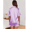 Ekouaer Satin Pajama Set for Women 2 Piece Pj Sets Short Sleeve Sleepwear | Super Soft Silky Summer Loungewear Set with Ruffle Short Sleeve Top and Pocket Shorts, Casual Travel Daily Gift(Lilac)