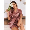 Ekouaer Satin Pajama Set for Women 2 Piece Pj Sets Short Sleeve Sleepwear | Super Soft Silky Summer Loungewear Set with Ruffle Short Sleeve Top and Pocket Shorts, Casual Travel Daily Gift(Brown)