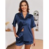 Ekouaer Satin Pajama Set for Women 2 Piece Pj Sets Short Sleeve Sleepwear | Super Soft Silky Summer Loungewear Set with Ruffle Short Sleeve Top and Pocket Shorts, Casual Travel Daily Gift(Navy Blue)