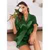 Ekouaer Satin Pajama Set for Women 2 Piece Pj Sets Short Sleeve Sleepwear | Super Soft Silky Summer Loungewear Set with Ruffle Short Sleeve Top and Pocket Shorts, Casual Travel Daily Gift(Dark Green)