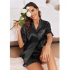 Ekouaer Satin Pajama Set for Women 2 Piece Pj Sets Short Sleeve Sleepwear | Super Soft Silky Summer Loungewear Set with Ruffle Short Sleeve Top and Pocket Shorts, Casual Travel Daily Gift(Black)