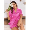 Ekouaer Satin Pajama Set for Women 2 Piece Pj Sets Short Sleeve Sleepwear | Super Soft Silky Summer Loungewear Set with Ruffle Short Sleeve Top and Pocket Shorts, Casual Travel Daily Gift(Hot Pink Leopard)