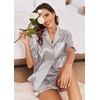 Ekouaer Satin Pajama Set for Women 2 Piece Pj Sets Short Sleeve Sleepwear | Super Soft Silky Summer Loungewear Set with Ruffle Short Sleeve Top and Pocket Shorts, Casual Travel Daily Gift(Light Grey)
