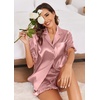 Ekouaer Satin Pajama Set for Women 2 Piece Pj Sets Short Sleeve Sleepwear | Super Soft Silky Summer Loungewear Set with Ruffle Short Sleeve Top and Pocket Shorts, Casual Travel Daily Gift(Fuchsia)