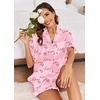 Ekouaer Satin Pajama Set for Women 2 Piece Pj Sets Short Sleeve Sleepwear | Super Soft Silky Summer Loungewear Set with Ruffle Short Sleeve Top and Pocket Shorts, Casual Travel Daily Gift(Pink Love)