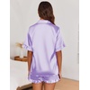 Ekouaer Satin Pajama Set for Women 2 Piece Pj Sets Short Sleeve Sleepwear | Super Soft Silky Summer Loungewear Set with Ruffle Short Sleeve Top and Pocket Shorts, Casual Travel Daily Gift(Lavender)