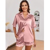 Ekouaer Satin Pajama Set for Women 2 Piece Pj Sets Short Sleeve Sleepwear | Super Soft Silky Summer Loungewear Set with Ruffle Short Sleeve Top and Pocket Shorts, Casual Travel Daily Gift(Fuchsia)