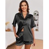 Ekouaer Satin Pajama Set for Women 2 Piece Pj Sets Short Sleeve Sleepwear | Super Soft Silky Summer Loungewear Set with Ruffle Short Sleeve Top and Pocket Shorts, Casual Travel Daily Gift(Black)
