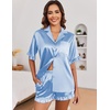 Ekouaer Satin Pajama Set for Women 2 Piece Pj Sets Short Sleeve Sleepwear | Super Soft Silky Summer Loungewear Set with Ruffle Short Sleeve Top and Pocket Shorts, Casual Travel Daily Gift(Light Blue)