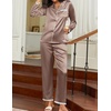 Ekouaer Satin Pajamas for Women Silk Long Sleeve Sleepwear Button Down Loungewear 2 Pieces Lace Soft Pjs Set(Brown)