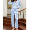 Ekouaer Satin Pajamas for Women Silk Long Sleeve Sleepwear Button Down Loungewear 2 Pieces Lace Soft Pjs Set(Clear Blue)