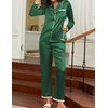 Ekouaer Satin Pajamas for Women Silk Long Sleeve Sleepwear Button Down Loungewear 2 Pieces Lace Soft Pjs Set(Deep Green)