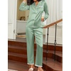 Ekouaer Satin Pajamas for Women Silk Long Sleeve Sleepwear Button Down Loungewear 2 Pieces Lace Soft Pjs Set(Ice Green)