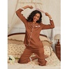 Ekouaer Satin Pajamas for Women Silk Long Sleeve Sleepwear Button Down Loungewear 2 Pieces Lace Soft Pjs Set(Light Brown)