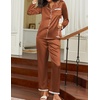 Ekouaer Satin Pajamas for Women Silk Long Sleeve Sleepwear Button Down Loungewear 2 Pieces Lace Soft Pjs Set(Light Brown)
