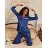 Ekouaer Satin Pajamas for Women Silk Long Sleeve Sleepwear Button Down Loungewear 2 Pieces Lace Soft Pjs Set(Navy Blue)