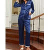 Ekouaer Satin Pajamas for Women Silk Long Sleeve Sleepwear Button Down Loungewear 2 Pieces Lace Soft Pjs Set(Navy Blue)