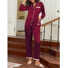 Ekouaer Satin Pajamas for Women Silk Long Sleeve Sleepwear Button Down Loungewear 2 Pieces Lace Soft Pjs Set(Wine Red)