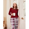 Ekouaer Womens Pajamas Sets Long Sleeve Tops with Jogger Pants | Two-Piece Plaid Sleepwear, Soft Pjs, Fall Lounge Set, Casual Outfits with Pockets, Round Neck(Wine Red Plaid)