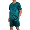 Ekouaer Mens Pajamas Set 2 Piece Silk Pjs Sets Button Down Loungewear | Satin Sleepwear, Summer Fall Homewear, Short Sleeve Tops and Shorts with Pockets(Green)