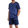 Ekouaer Mens Pajamas Set 2 Piece Silk Pjs Sets Button Down Loungewear | Satin Sleepwear, Summer Fall Homewear, Short Sleeve Tops and Shorts with Pockets(Navy Blue)