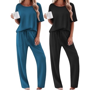 Ekouaer 2 Pack Womens Pajama Sets Short Sleeve Tops and Long Pants Casual Comfy Pjs Lounge Set with Pockets,S-XXL(Black/Blue Green)