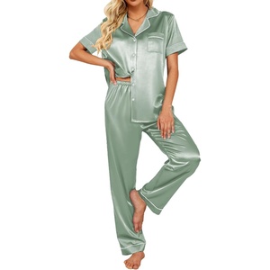 Ekouaer 2 Piece Satin Short Sleeve Pajamas Set Button Down Sleepwear | Soft Pjs Set Classic Loungewear for Wedding, Party, Home, Daily Wear, Date Nights(Gossamer Green)
