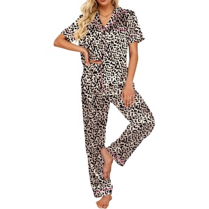 Ekouaer 2 Piece Satin Short Sleeve Pajamas Set Button Down Sleepwear | Soft Pjs Set Classic Loungewear for Wedding, Party, Home, Daily Wear, Date Nights(Leopard)