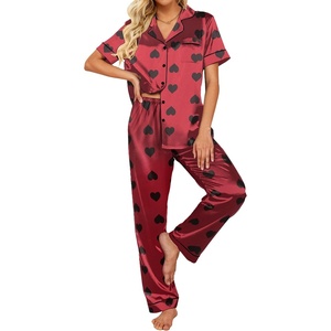 Ekouaer 2 Piece Satin Short Sleeve Pajamas Set Button Down Sleepwear | Soft Pjs Set Classic Loungewear for Wedding, Party, Home, Daily Wear, Date Nights(Red Loved)