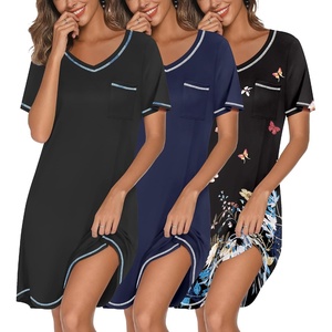 Ekouaer 3 Pack Nightgowns for Women Short Sleeve Sleep Shirt Soft Sleepwear | T shirt Nightgown V Neck Nightshirts Soft Sleepwear Dress Ladies Pajama Dress Plus Size Sleeping Gown Comfy Nightdress(Black/Navy Blue/Butterfly)