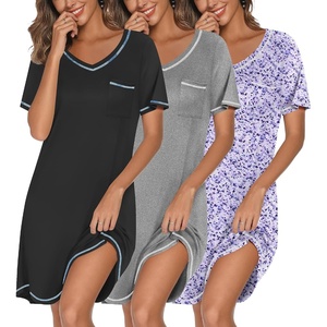 Ekouaer 3 Pack Nightgowns for Women Short Sleeve Sleep Shirt Soft Sleepwear | T shirt Nightgown V Neck Nightshirts Soft Sleepwear Dress Ladies Pajama Dress Plus Size Sleeping Gown Comfy Nightdress(Black/Grey/Floral Purple)