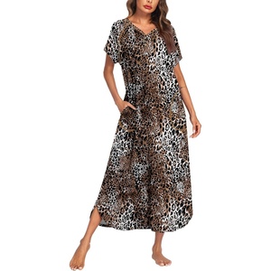 Ekouaer Long Nightgown Women’s Loungewear Short Sleeve Sleepwear Full Length Sleep Shirt with Pockets(Brown Leopard Print)