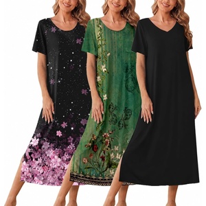 Ekouaer Long Nightgowns for Women 3 Pack Plus Size Short Sleeve House Dress | Ladies Night Gown V Neck Lounge Dress Plus Size Sleep Shirts Full Length Night Shirts Floral Moo Moos Soft Pajama Dress(Black/Black Pink Floral/Green Floral)