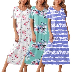 Ekouaer Long Nightgowns for Women 3 Pack Plus Size Short Sleeve House Dress | Ladies Night Gown V Neck Lounge Dress Plus Size Sleep Shirts Full Length Night Shirts Floral Moo Moos Soft Pajama Dress(Tie Dye Blue/White Floral/Green Flower)