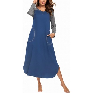 Ekouaer Long Nightgowns for Women Long Sleeve House Dress with Pockets | Warm Fabric,V Neck with 3 Buttons,Color Block Raglan Sleeve,Full Length Night Gown,Nightshirt for Thanksgiving,Christmas(Blue)