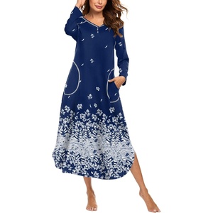 Ekouaer Long Nightgowns for Women Long Sleeve House Dress with Pockets | Warm Fabric,V Neck with 3 Buttons,Color Block Raglan Sleeve,Full Length Night Gown,Nightshirt for Thanksgiving,Christmas(Navy White Florals)