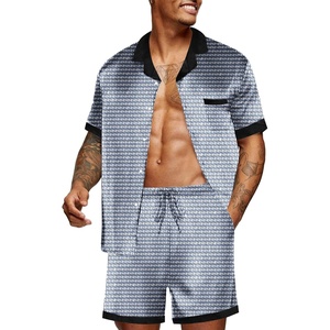 Ekouaer Men Silk Pajamas Set 2 Pieces Satin Pj Button Down Loungewear Sets | Shirt and Shorts,Sleepwear,Drawstring,Pockets,Short Sleeve,Matching Set,Breathable,Soft,Men’s Gift for Birthday,Summer,Fall(Blue Geometry)