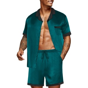 Ekouaer Men Silk Pajamas Set 2 Pieces Satin Pj Button Down Loungewear Sets | Shirt and Shorts,Sleepwear,Drawstring,Pockets,Short Sleeve,Matching Set,Breathable,Soft,Men’s Gift for Birthday,Summer,Fall(Lake Green)