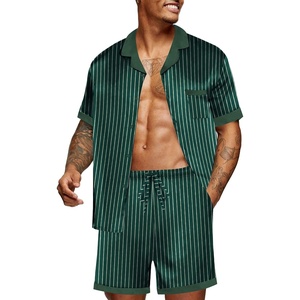 Ekouaer Men Silk Pajamas Set 2 Pieces Satin Pj Button Down Loungewear Sets | Shirt and Shorts,Sleepwear,Drawstring,Pockets,Short Sleeve,Matching Set,Breathable,Soft,Men’s Gift for Birthday,Summer,Fall(Green Striped)