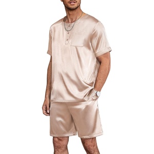 Ekouaer Mens Pajamas Set 2 Piece Silk Pjs Sets Button Down Loungewear | Satin Sleepwear, Summer Fall Homewear, Short Sleeve Tops and Shorts with Pockets(Champagne)