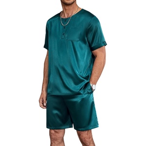 Ekouaer Mens Pajamas Set 2 Piece Silk Pjs Sets Button Down Loungewear | Satin Sleepwear, Summer Fall Homewear, Short Sleeve Tops and Shorts with Pockets(Green)