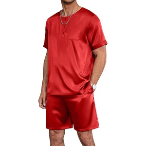 Ekouaer Mens Pajamas Set 2 Piece Silk Pjs Sets Button Down Loungewear | Satin Sleepwear, Summer Fall Homewear, Short Sleeve Tops and Shorts with Pockets(Red)