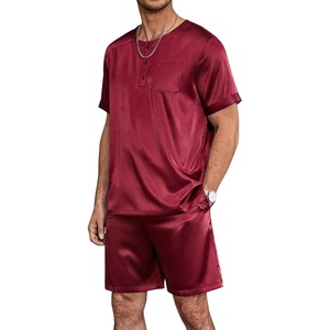 Ekouaer Mens Pajamas Set 2 Piece Silk Pjs Sets Button Down Loungewear | Satin Sleepwear, Summer Fall Homewear, Short Sleeve Tops and Shorts with Pockets(Wine Red)
