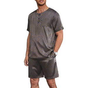 Ekouaer Mens Pajamas Set 2 Piece Silk Pjs Sets Button Down Loungewear | Satin Sleepwear, Summer Fall Homewear, Short Sleeve Tops and Shorts with Pockets(Yellow Geometric)