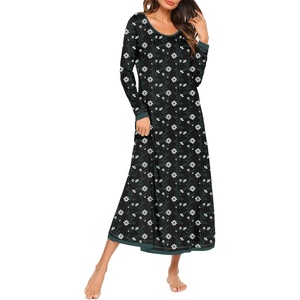 Ekouaer Nightgown Women Long Sleeve Sleepwear Full Length Long Nightshirt Soft Loungewear Pajama Dress S-4XL(Black Daisy)